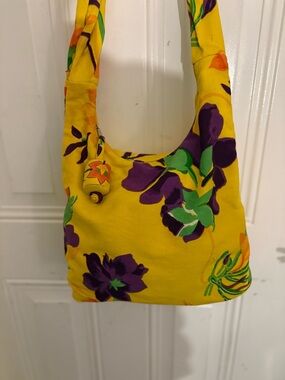 Yellow Floral Shoulder Tote Bag with Purple & Green Accents